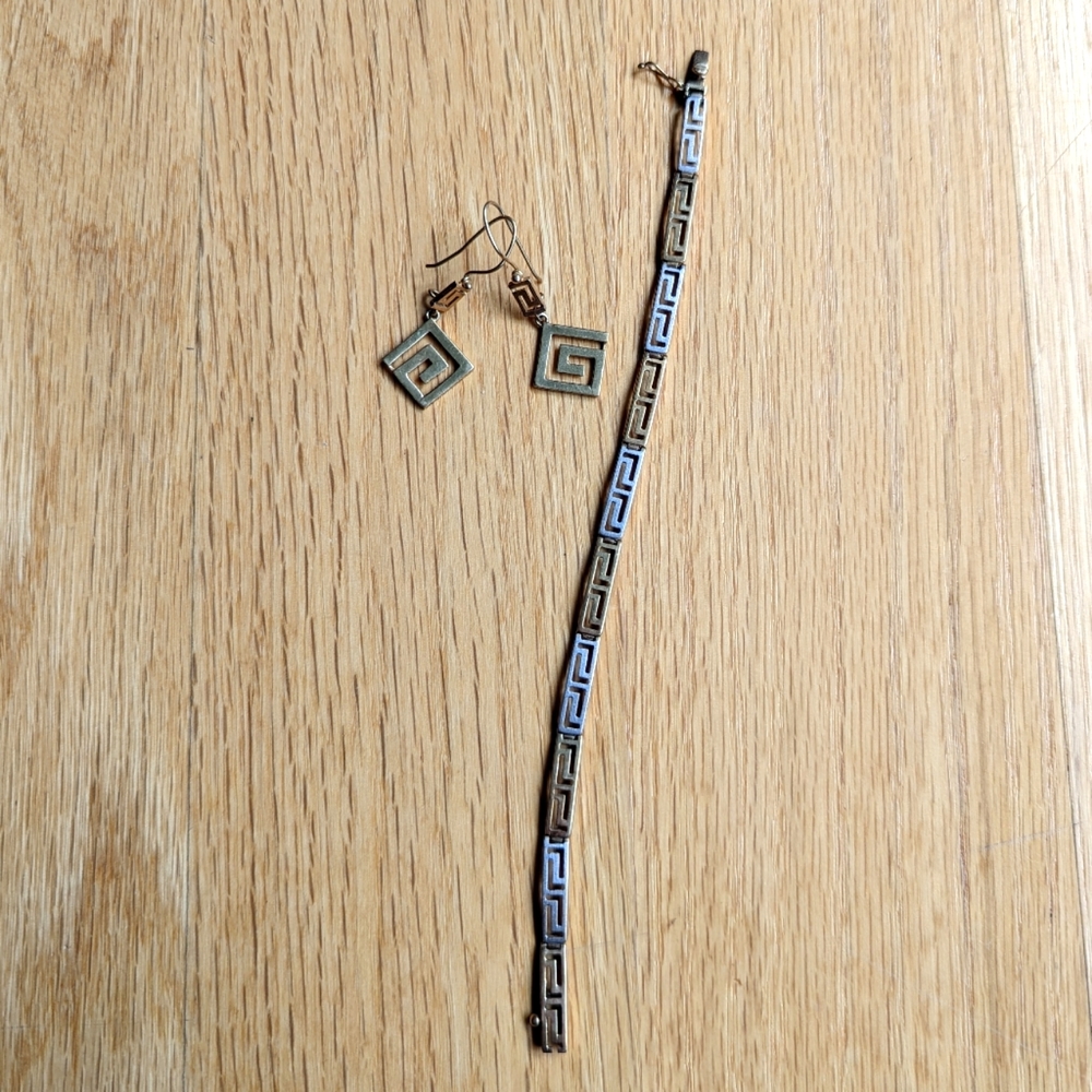 Gold and Silver Geometric Bracelet and Earrings.